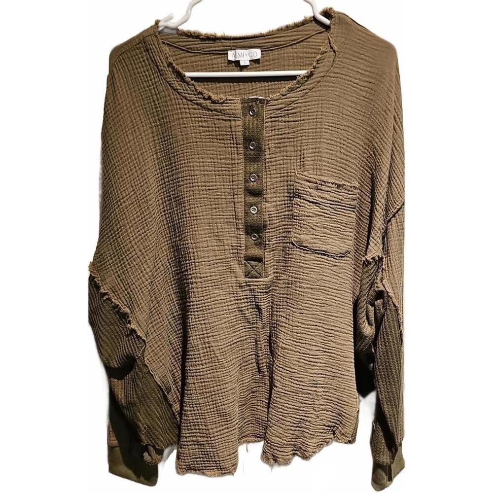 Aemi co Raw Edge Long Sleeve Top Olive Green Size L